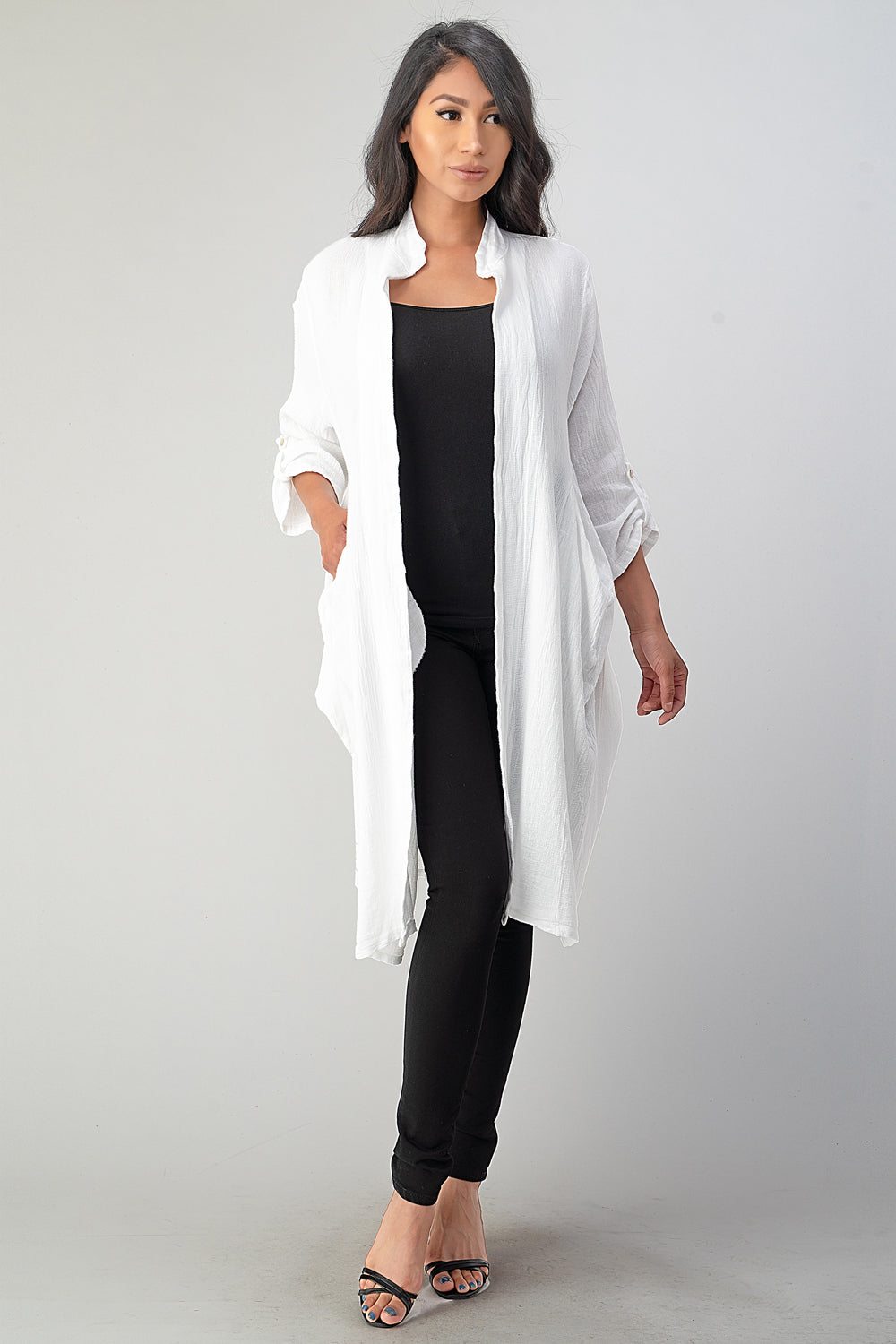 Long italian Linen Jacket With Back Belt Top Raw Moda One Size White