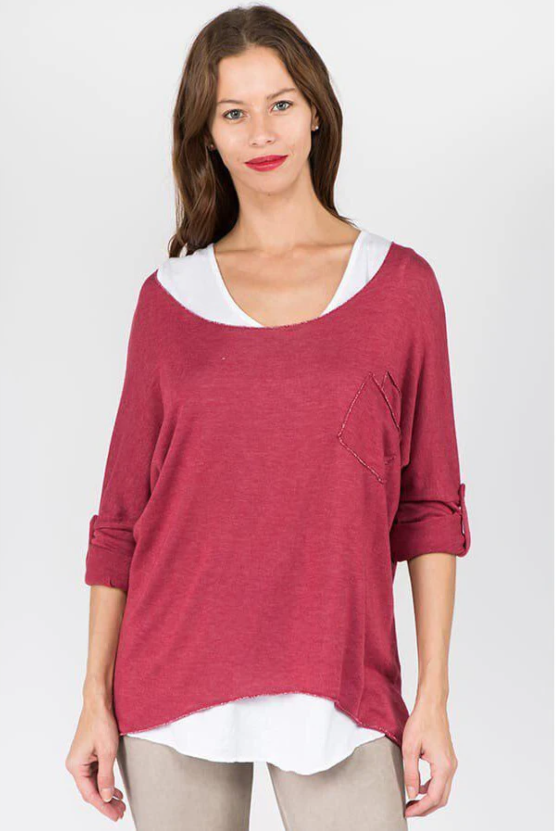 Two Piece Italian Shirt With Inside Pockets Top Raw Moda One Size Red