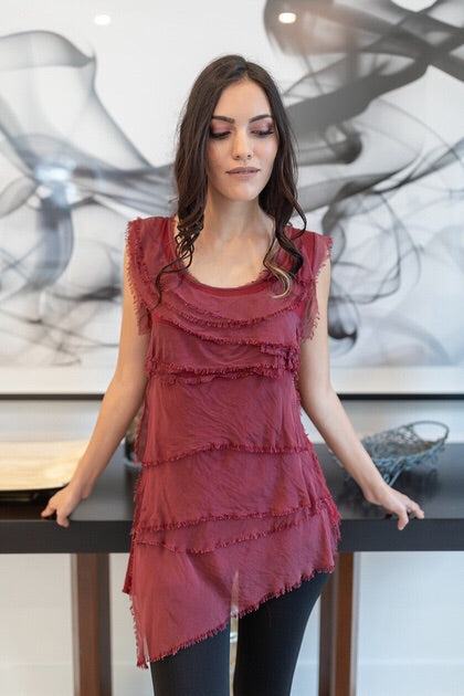 Sleeveless Italian Silk Ruffle Top Top Raw Moda