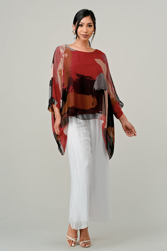 Italian Hand Painted Pattern Raw Moda Silk Top Top Raw Moda