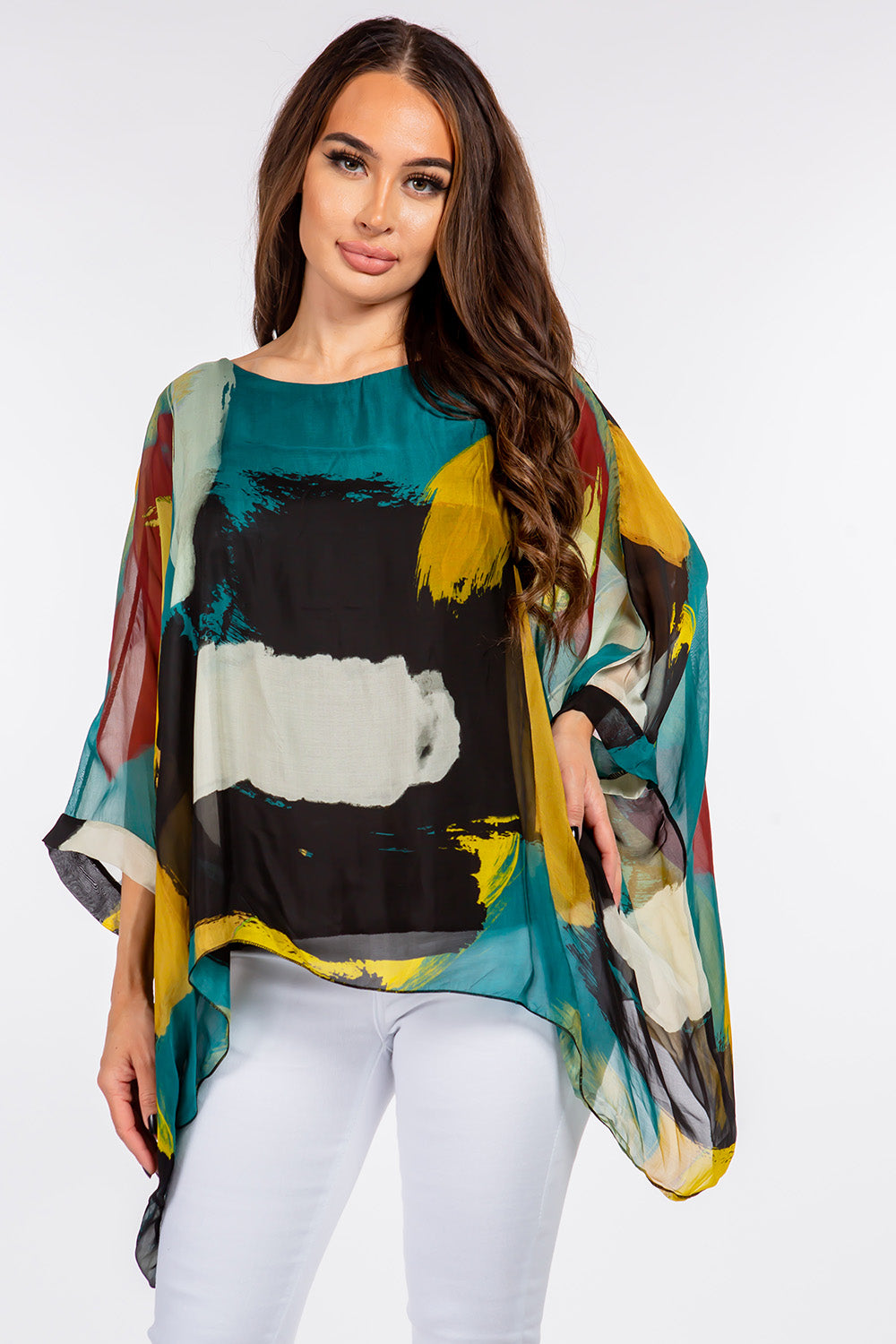 Italian Hand Painted Pattern Raw Moda Silk Top Top Raw Moda