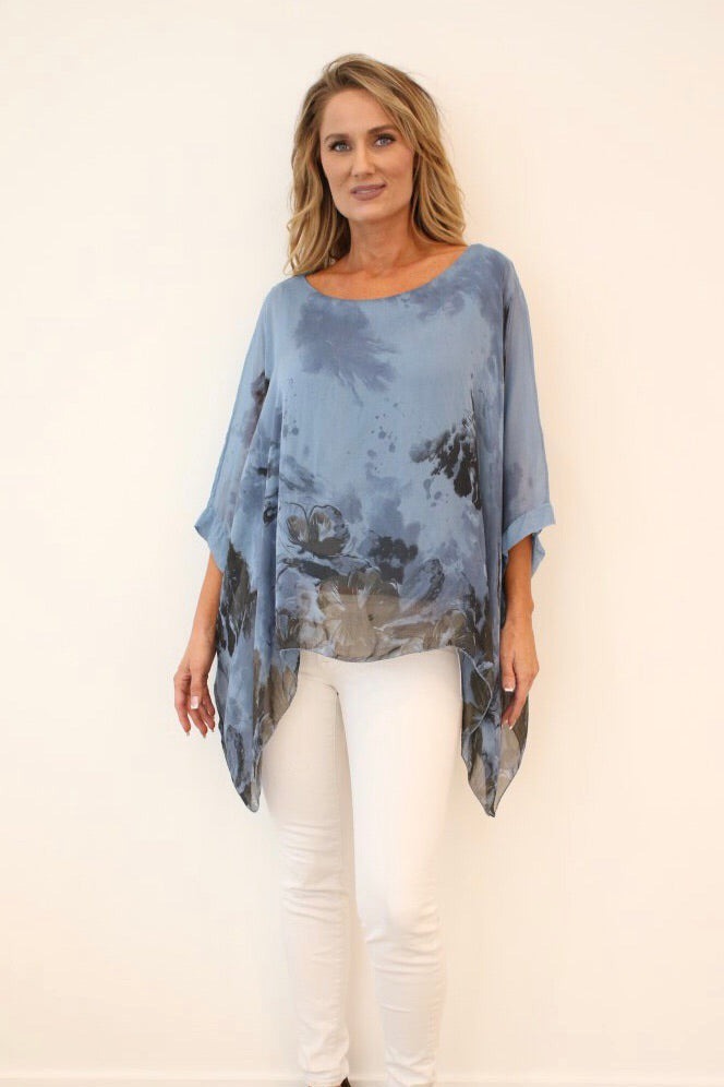 Italian Floral Raw Moda Silk Top Top Raw Moda One Size Blue