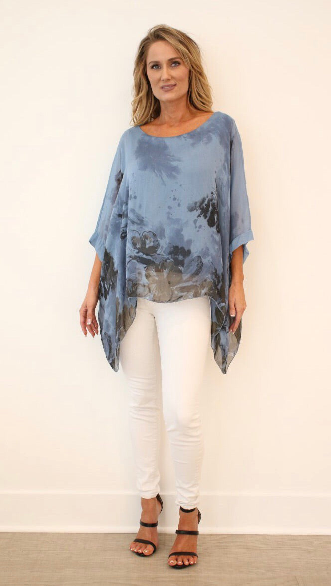 Italian Floral Raw Moda Silk Top Top Raw Moda One Size Blue