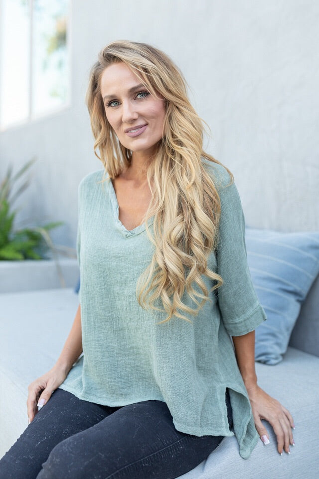 Italian Linen V Neck Top Long Back Raw Moda Top Raw Moda One Size Olive