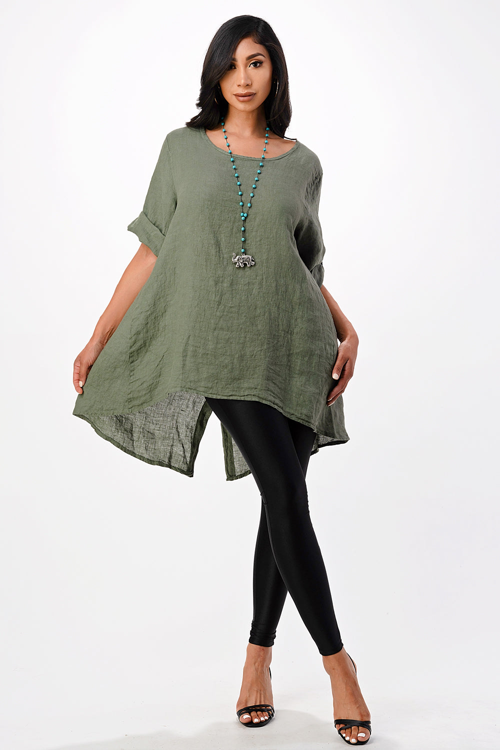 Long Italian Linen Button Back Top Tunic Top Raw Moda One Size Olive