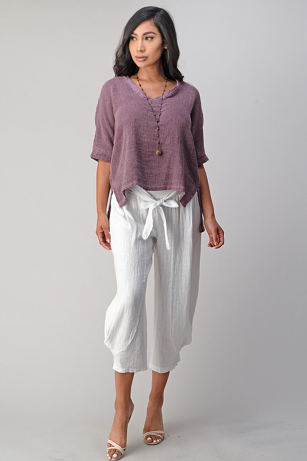 Raw Moda Puro Short Linen Pants With Belt Bottom Raw Moda