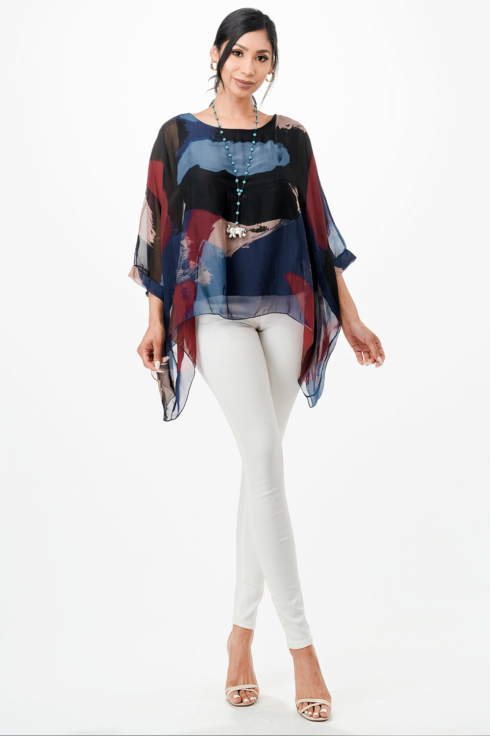 Italian Hand Painted Pattern Raw Moda Silk Top Top Raw Moda