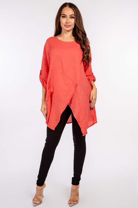 Raw Moda Single Pocket Linen Tunic Top Raw Moda One Size Coral