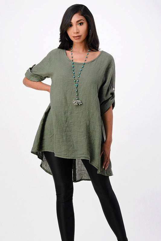 Long Italian Linen Button Back Top Tunic Top Raw Moda