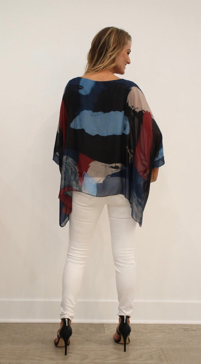 Italian Hand Painted Pattern Raw Moda Silk Top Top Raw Moda