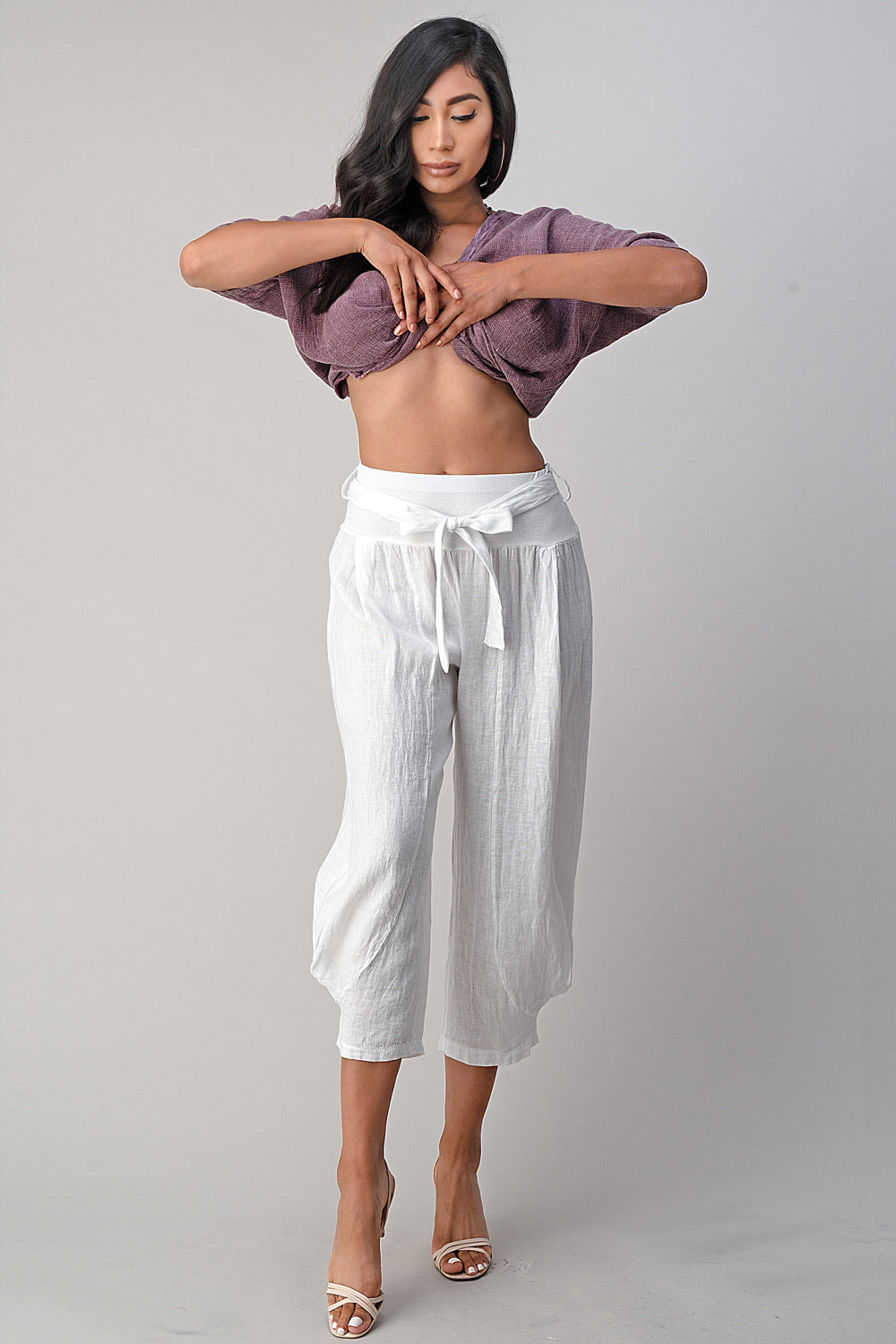 Raw Moda Puro Short Linen Pants With Belt Bottom Raw Moda