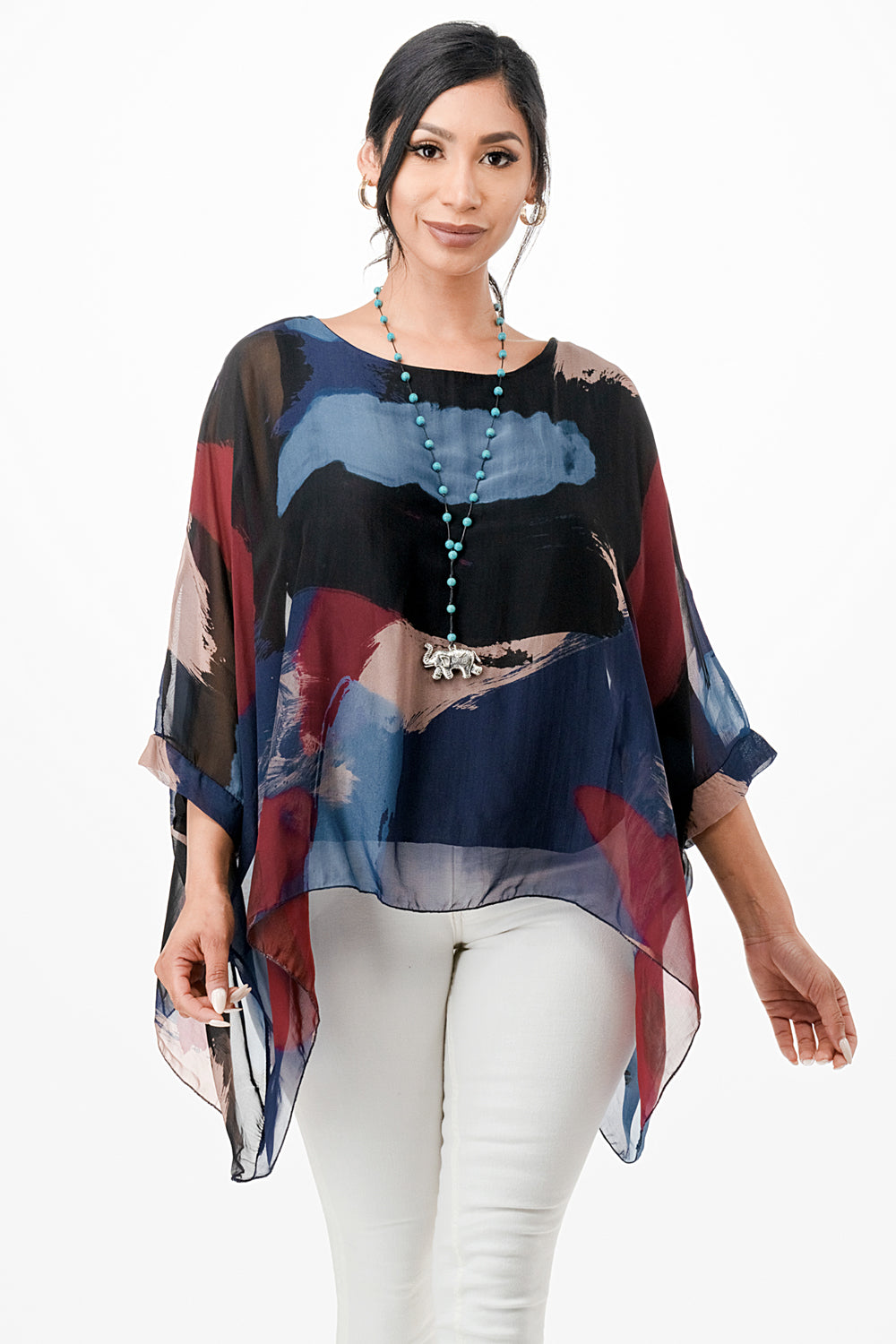 Italian Hand Painted Pattern Raw Moda Silk Top Top Raw Moda