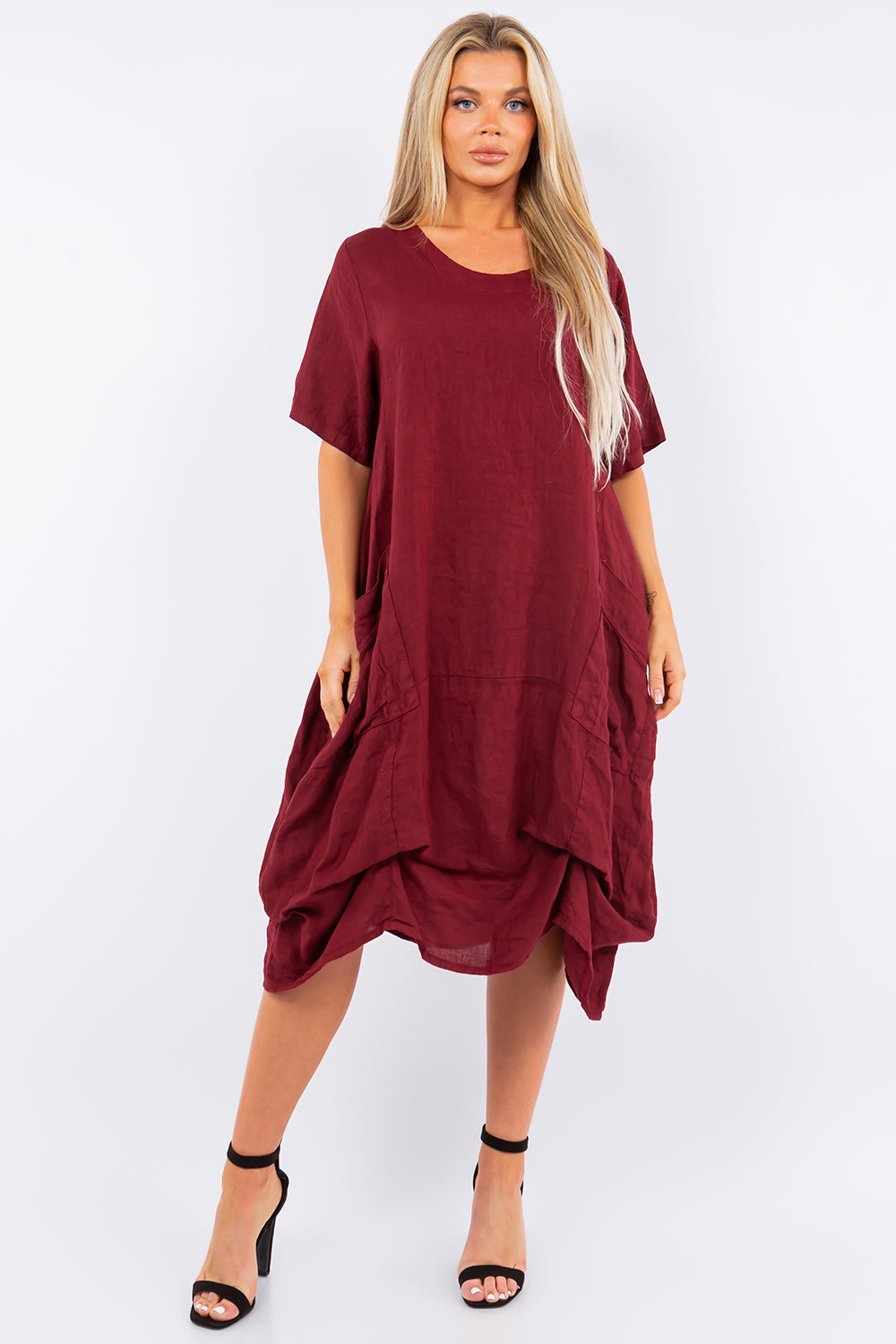 Long Italian Linen Tie Bottom Dress Dress Raw Moda One Size Burgundy