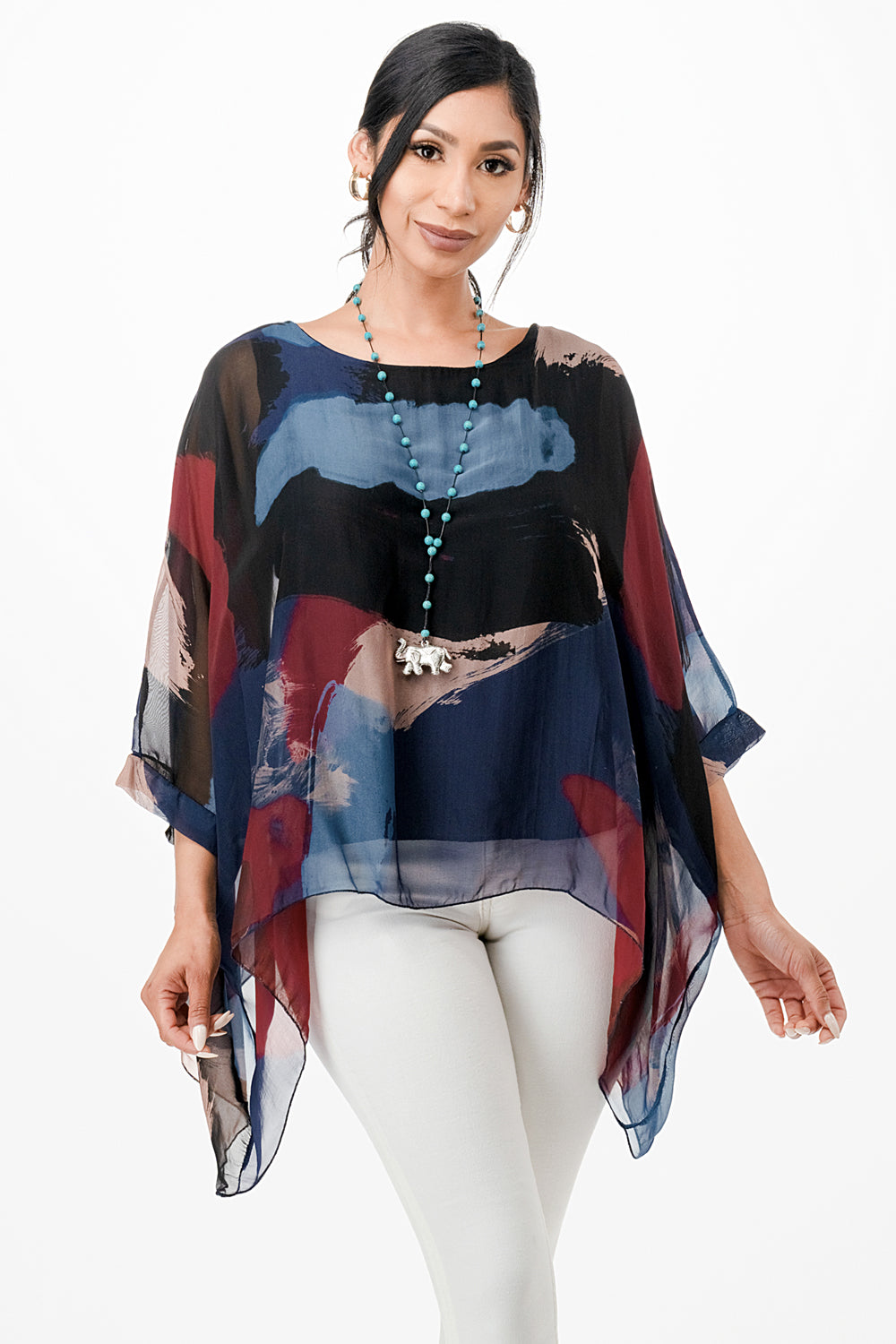 Italian Hand Painted Pattern Raw Moda Silk Top Top Raw Moda