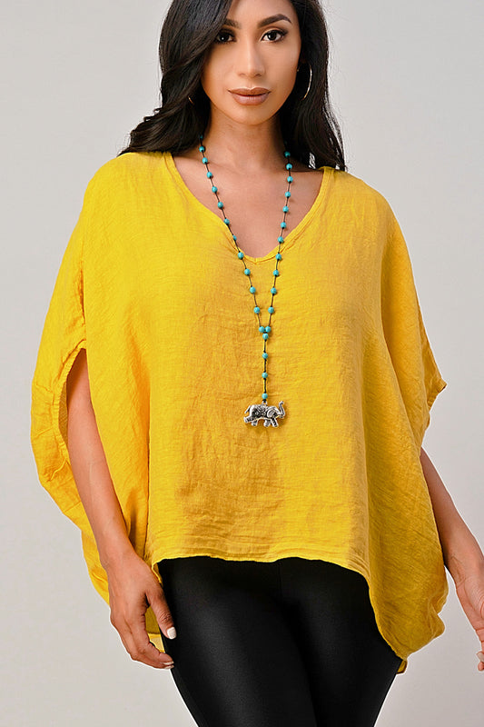 V Neck Linen Batwing Sleeves Top Clothing Accessories Raw Moda Mustard One Size