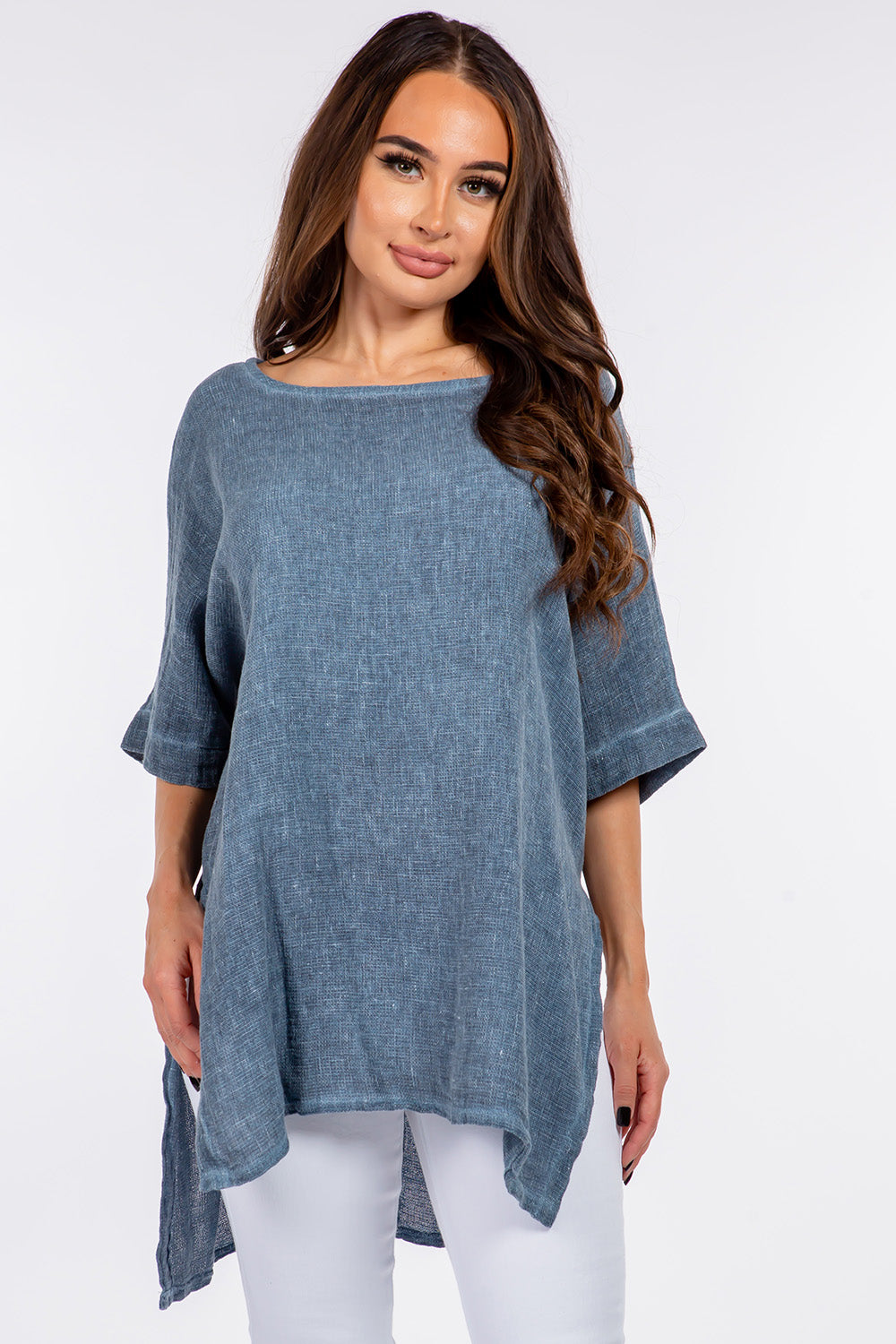 Italian Linen Side Open Tunic Top Raw Moda