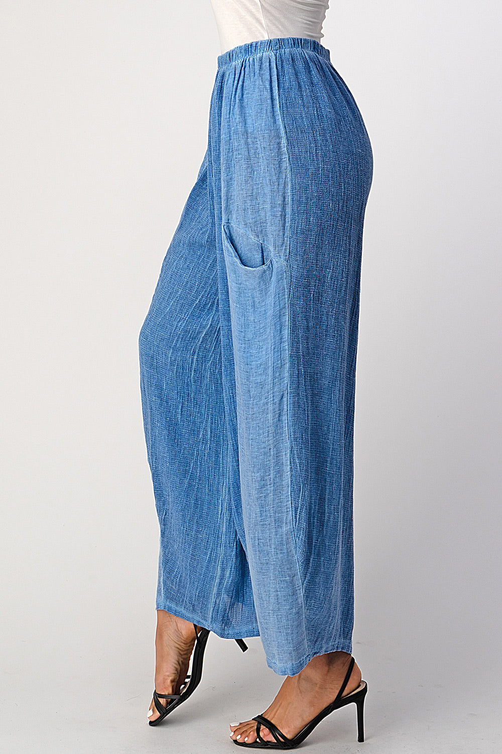 Straight Cotton Linen Pants With Pockets Bottom Raw Moda One Size Blue