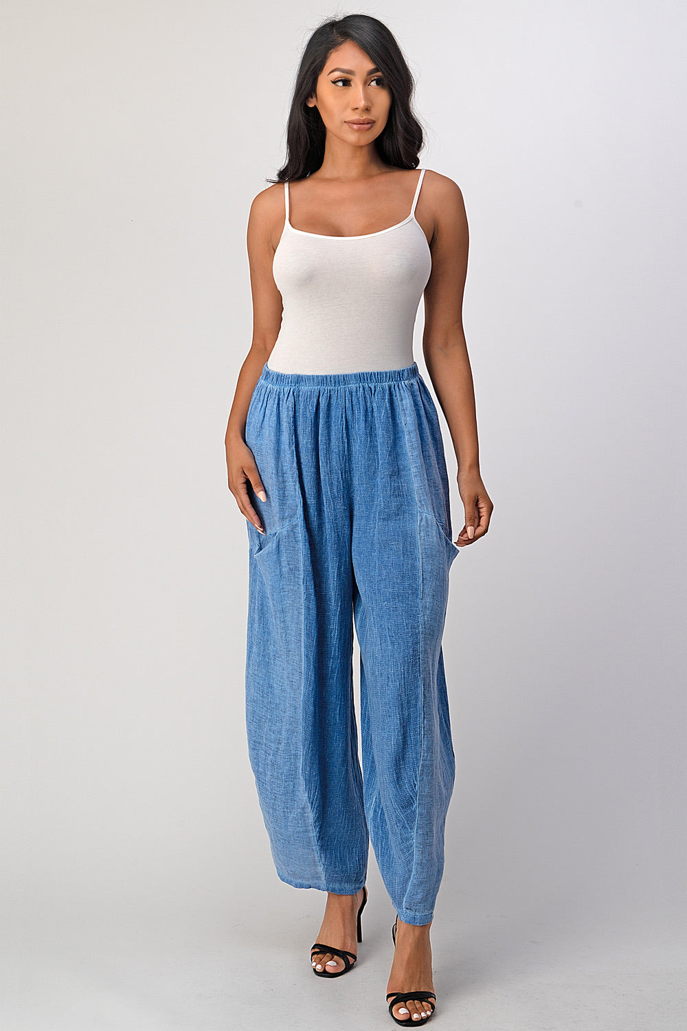 Straight Cotton Linen Pants With Pockets Bottom Raw Moda
