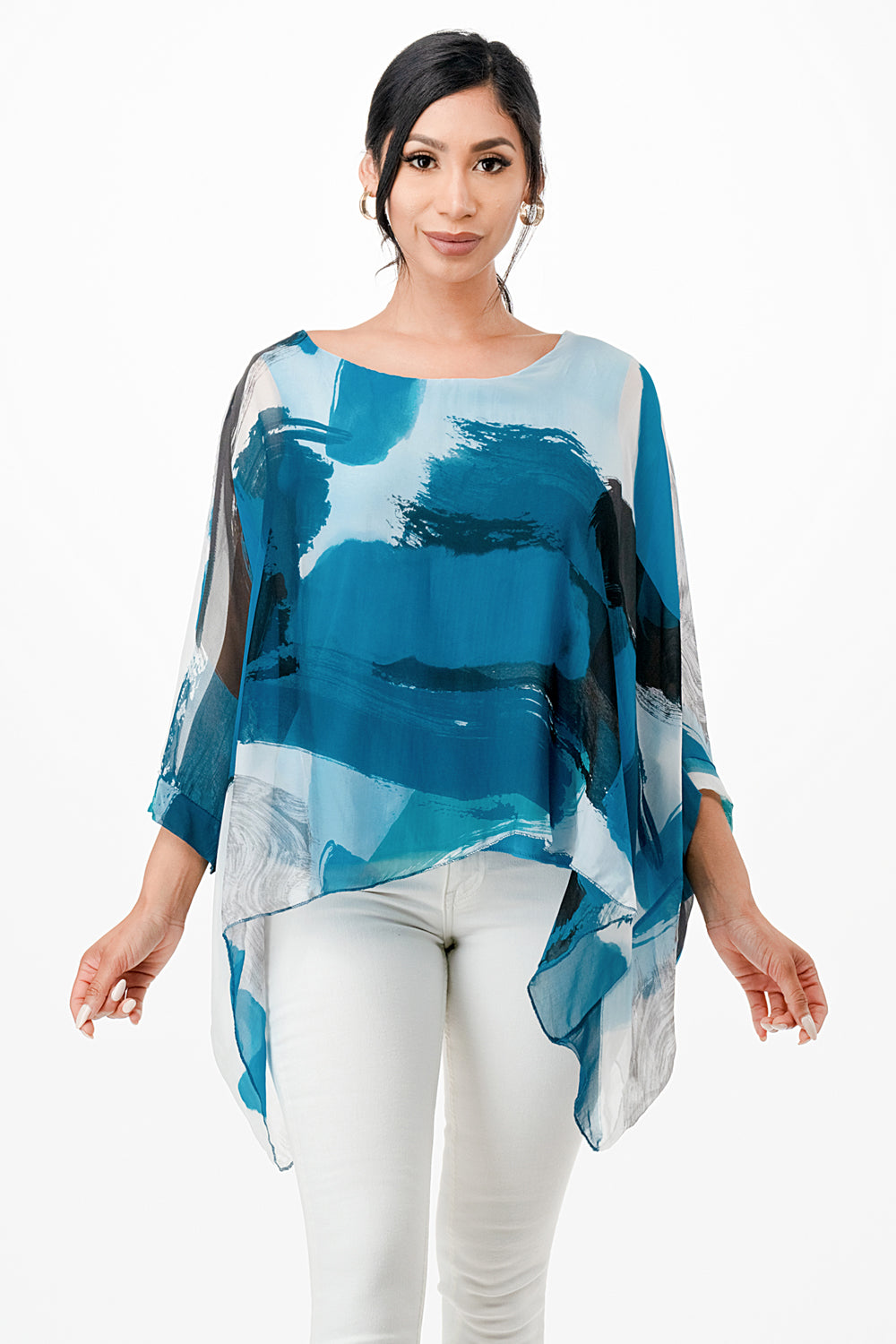 Italian Hand Painted Pattern Raw Moda Silk Top Top Raw Moda One Size Blue
