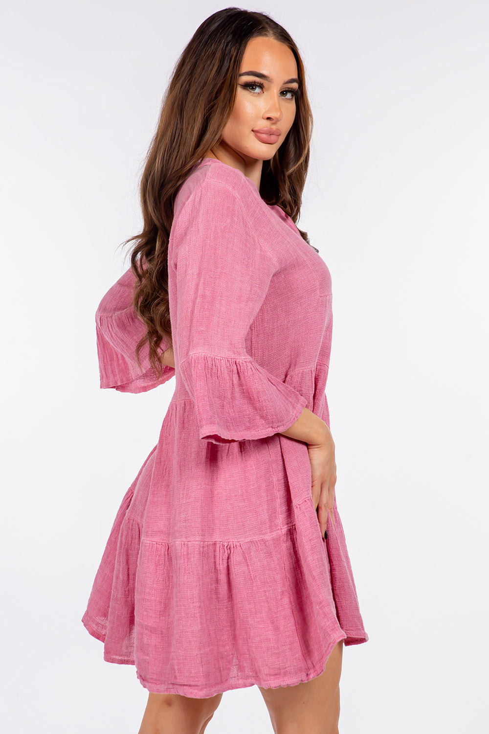 Raw Moda Italian V neck Linen Ruffle Dress Apparel & Accessories Raw Moda