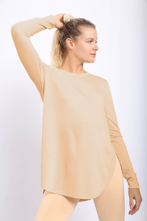 Long Sleeve Flow Top with Side Slits Top Raw Moda Small Tan