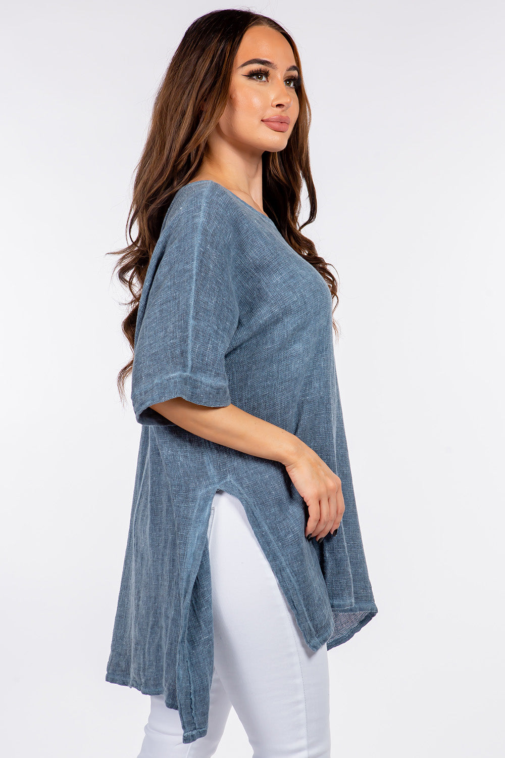 Italian Linen Side Open Tunic Top Raw Moda