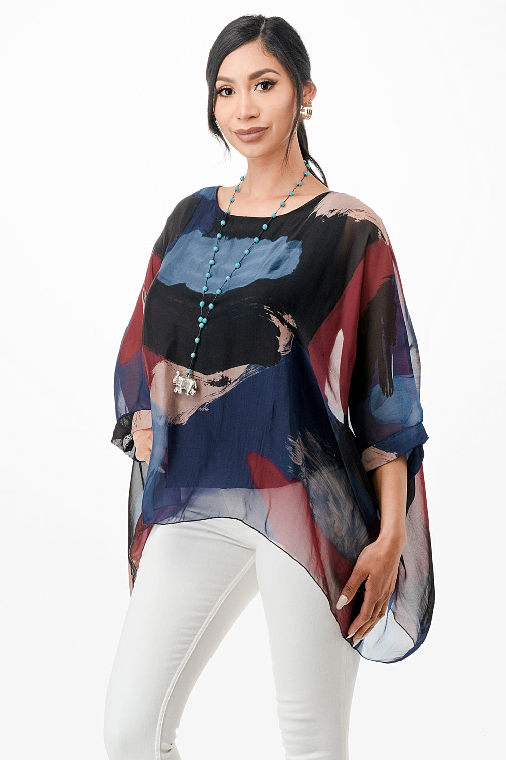 Italian Hand Painted Pattern Raw Moda Silk Top Top Raw Moda