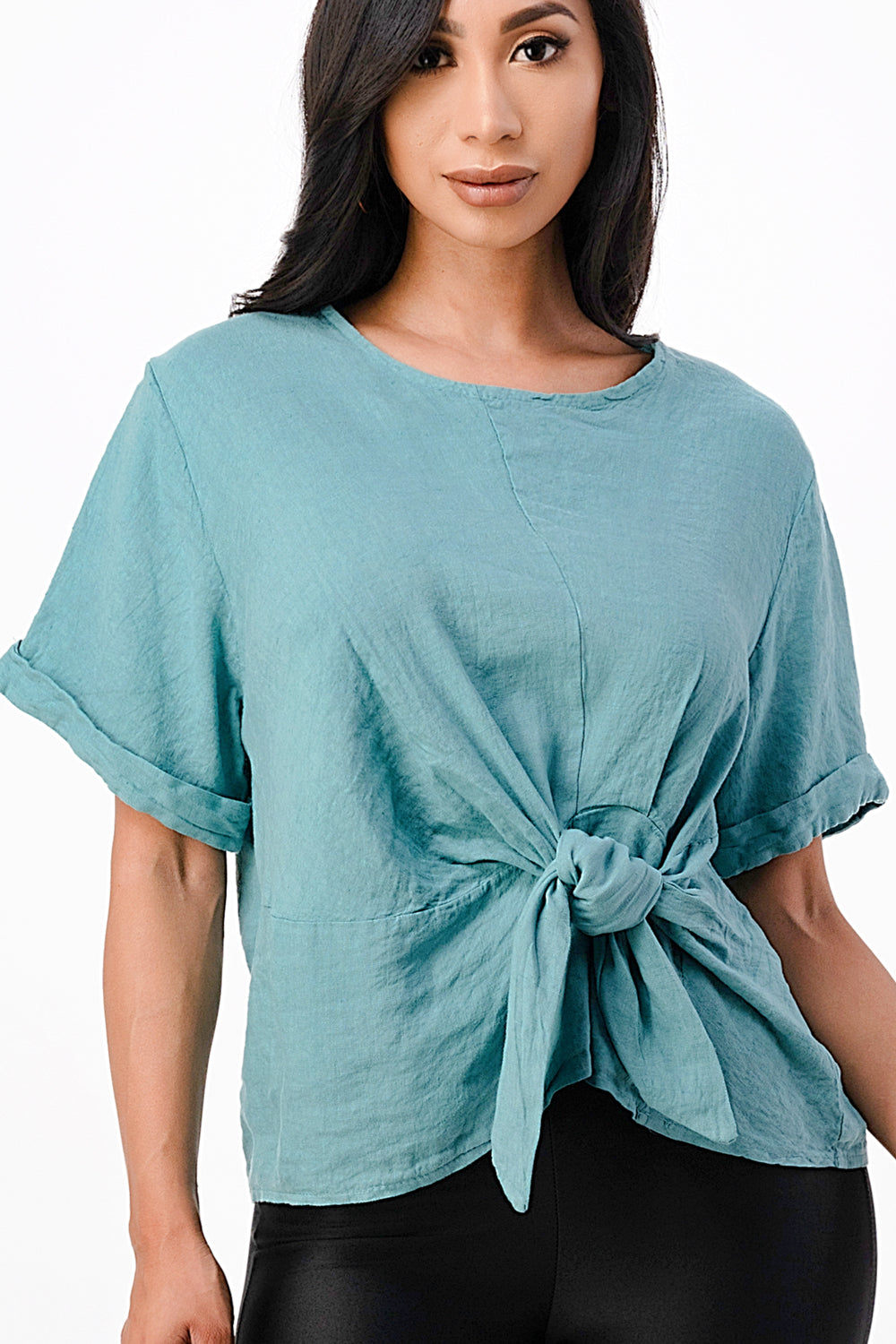 Raw Moda Italian Tie Front Linen Top Top Raw Moda One Size Teal