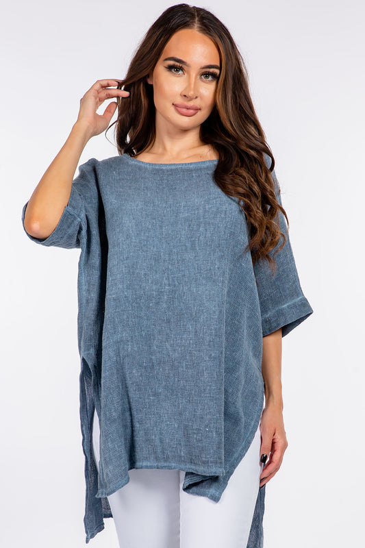 Italian Linen Side Open Tunic Top Raw Moda One Size Navy