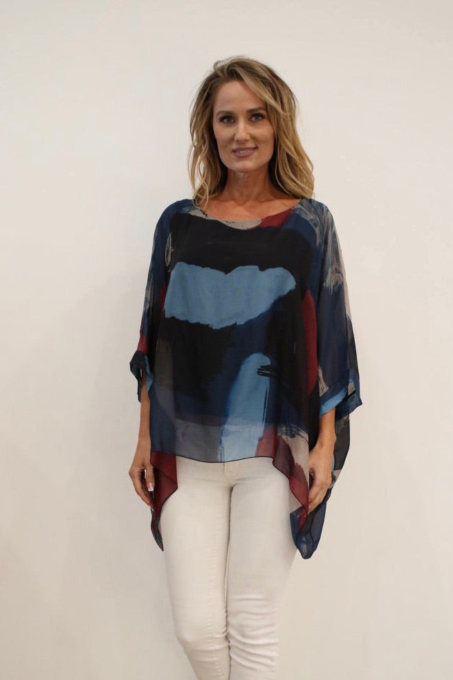 Italian Hand Painted Pattern Raw Moda Silk Top Top Raw Moda