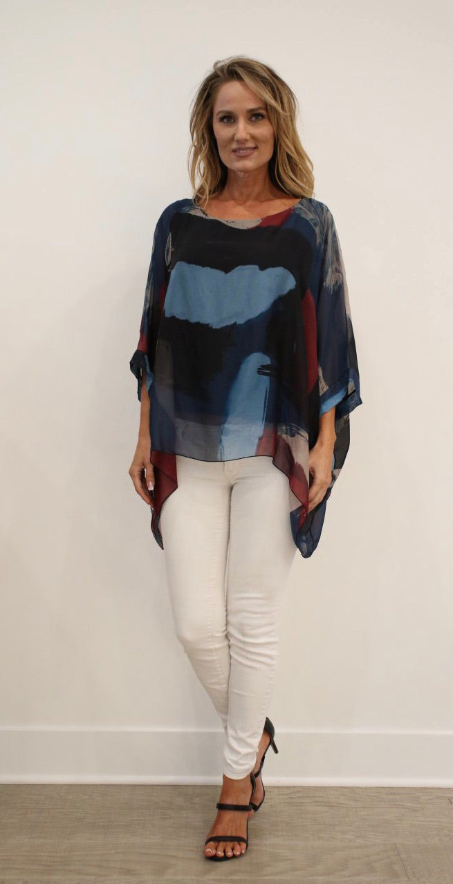 Italian Hand Painted Pattern Raw Moda Silk Top Top Raw Moda