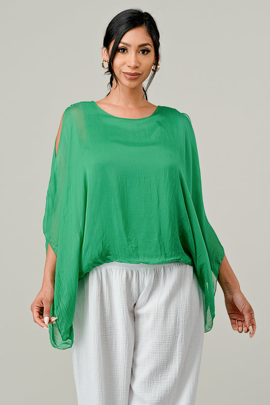 Italian Silk Cold Shoulder Top Top Raw Moda One Size Green