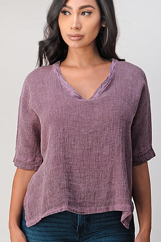 Italian Linen V Neck Top Long Back Raw Moda Top Raw Moda
