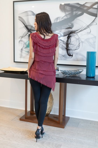Sleeveless Italian Silk Ruffle Top Top Raw Moda