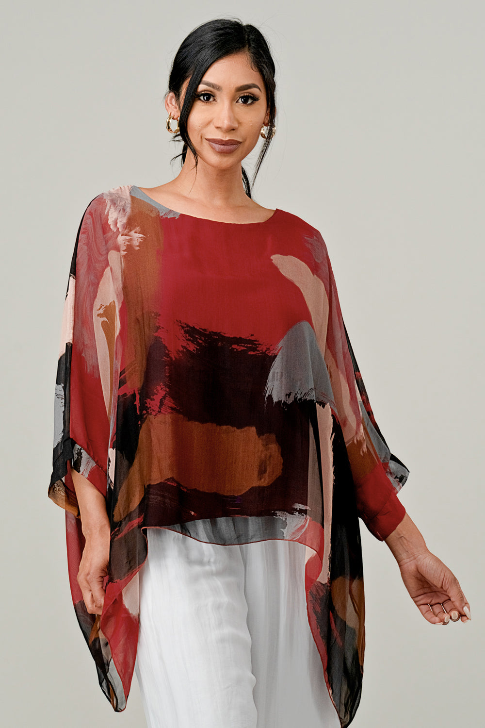Italian Hand Painted Pattern Raw Moda Silk Top Top Raw Moda
