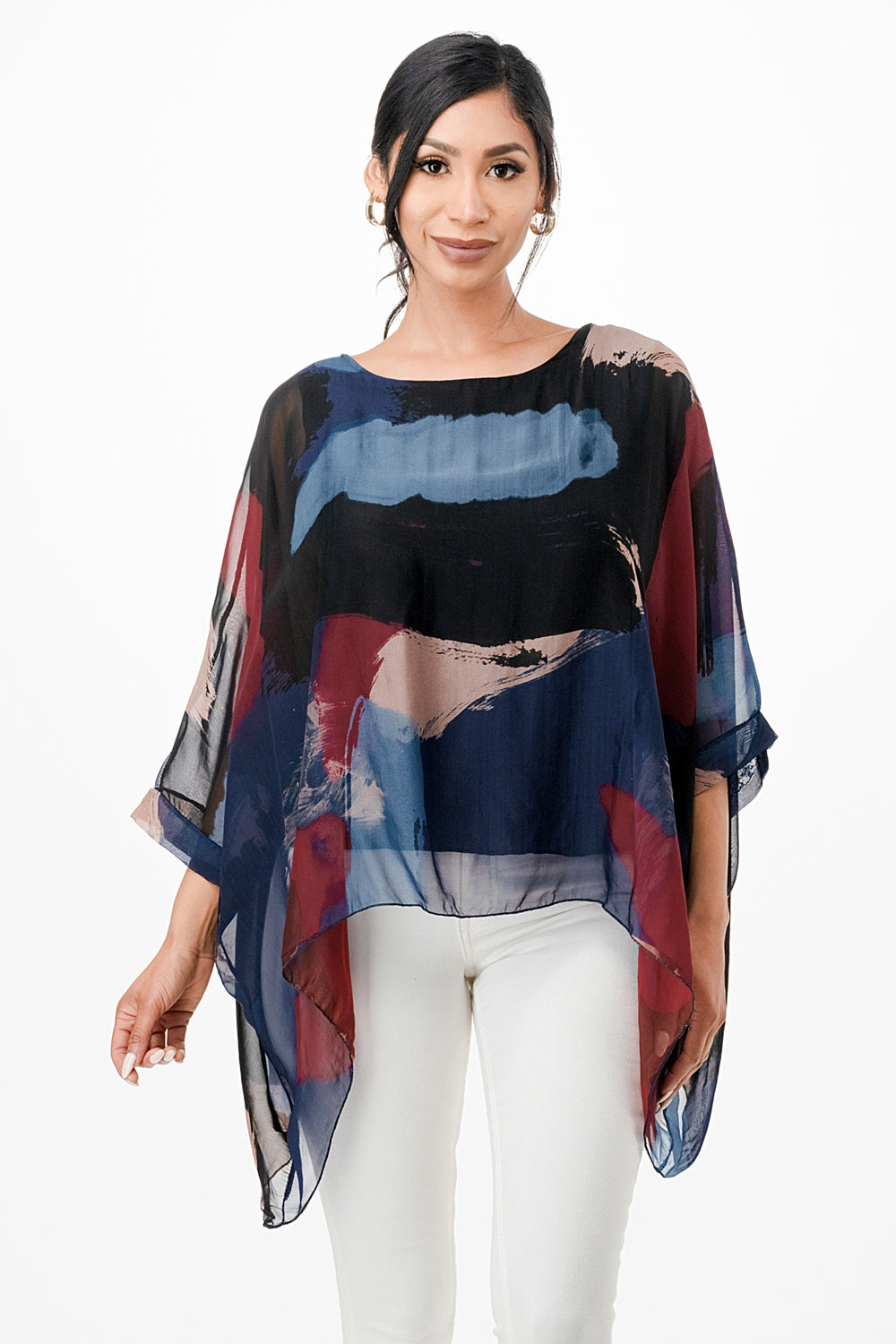Italian Hand Painted Pattern Raw Moda Silk Top Top Raw Moda One Size Navy