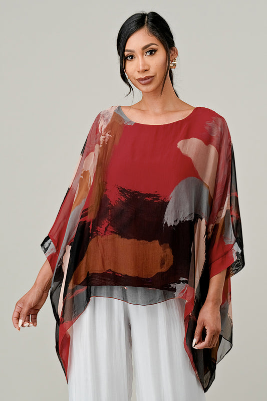 Italian Hand Painted Pattern Raw Moda Silk Top Top Raw Moda One Size Burgundy