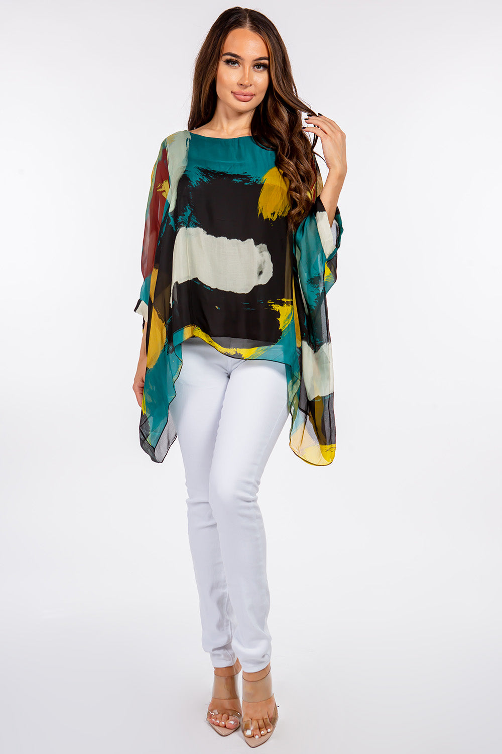 Italian Hand Painted Pattern Raw Moda Silk Top Top Raw Moda