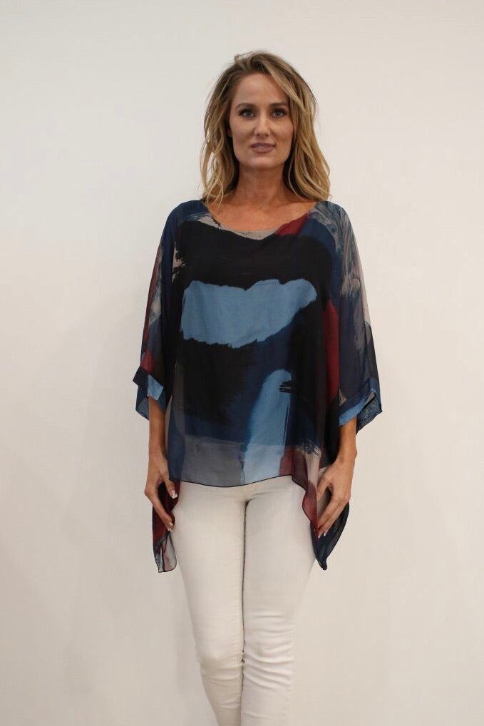 Italian Hand Painted Pattern Raw Moda Silk Top Top Raw Moda