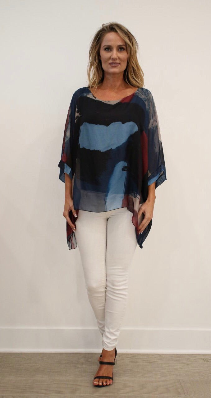 Italian Hand Painted Pattern Raw Moda Silk Top Top Raw Moda