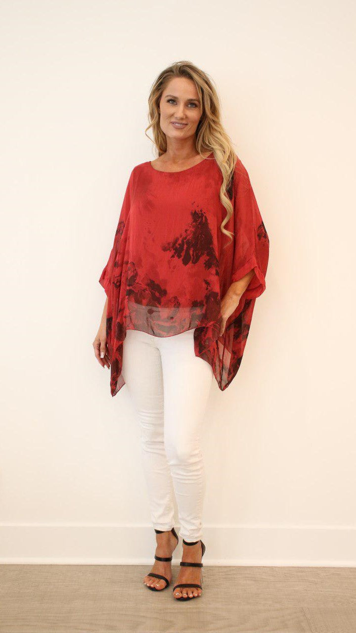 Italian Floral Raw Moda Silk Top Top Raw Moda One Size Red