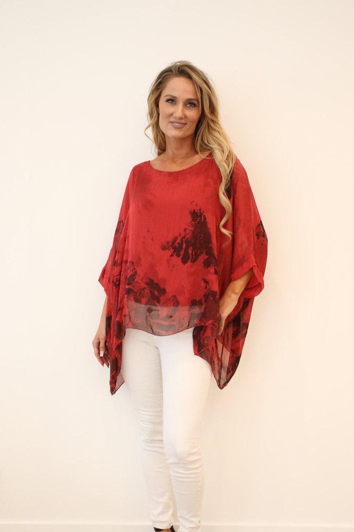 Italian Floral Raw Moda Silk Top Top Raw Moda One Size Red