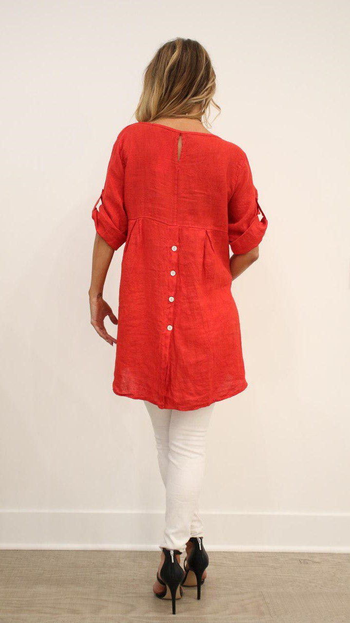 Long Italian Linen Button Back Top Tunic Top Raw Moda
