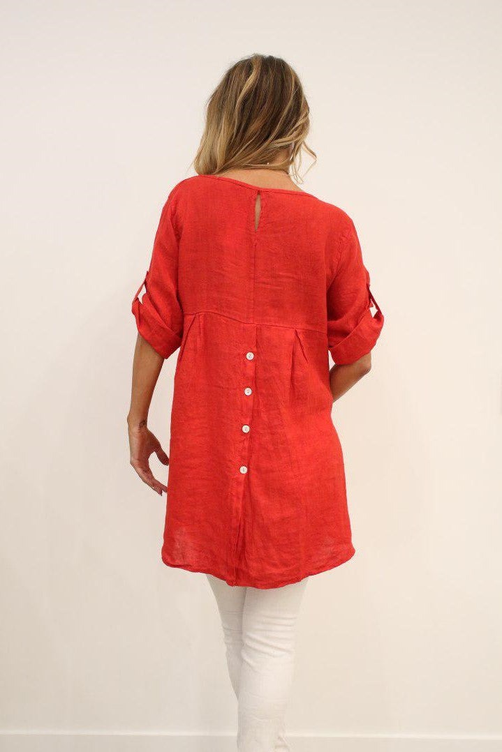 Long Italian Linen Button Back Top Tunic Top Raw Moda