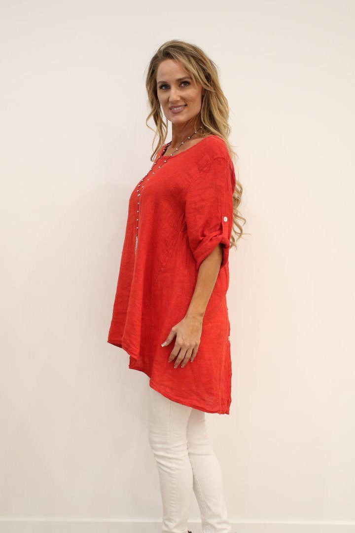Long Italian Linen Button Back Top Tunic Top Raw Moda