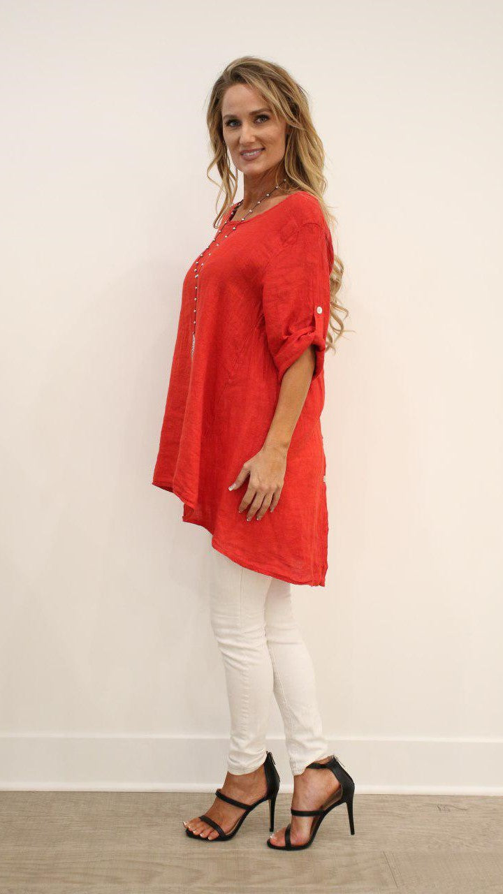 Long Italian Linen Button Back Top Tunic Top Raw Moda
