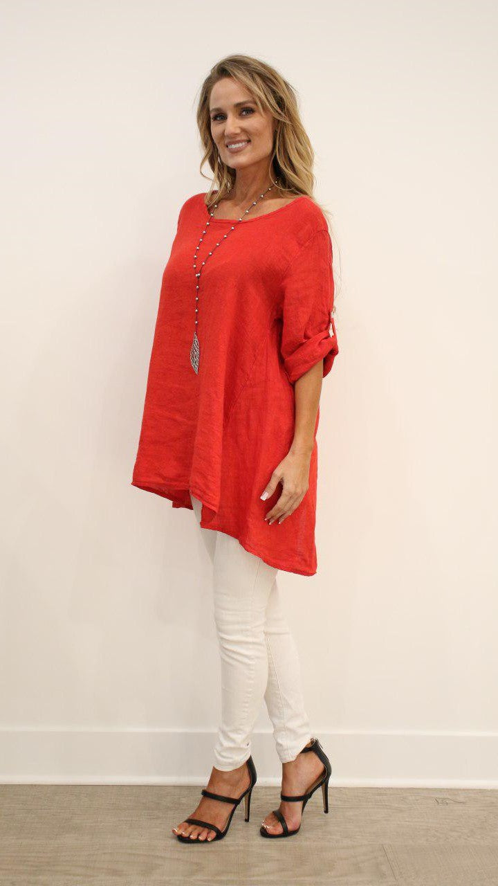 Long Italian Linen Button Back Top Tunic Top Raw Moda