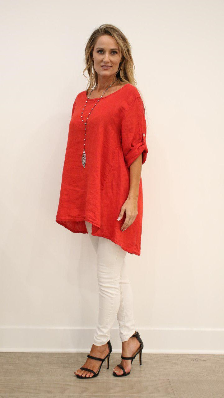 Long Italian Linen Button Back Top Tunic Top Raw Moda