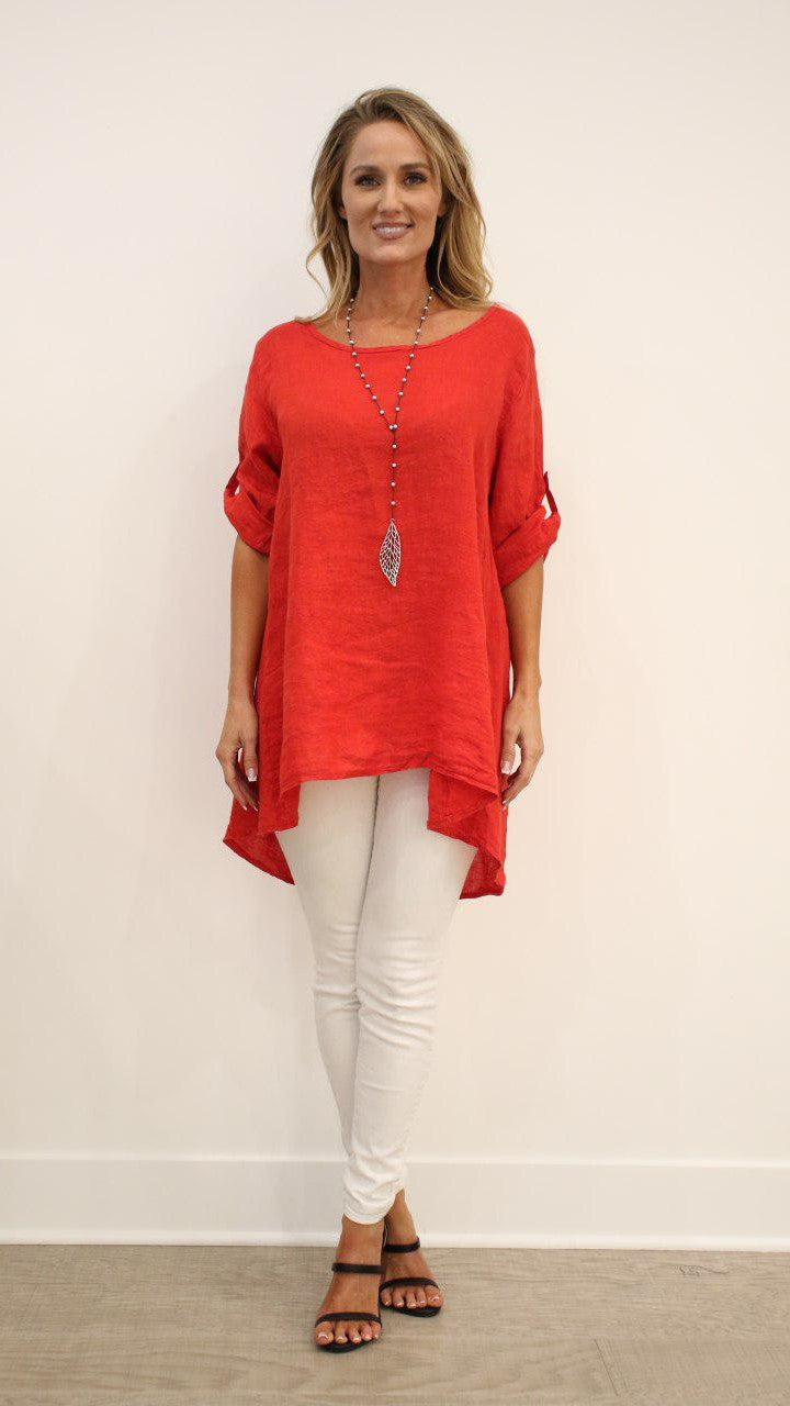 Long Italian Linen Button Back Top Tunic Top Raw Moda