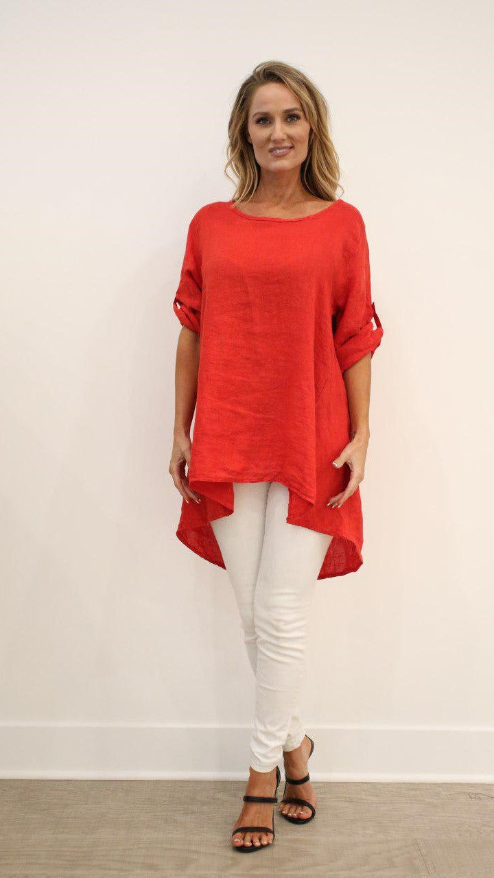 Long Italian Linen Button Back Top Tunic Top Raw Moda One Size Red